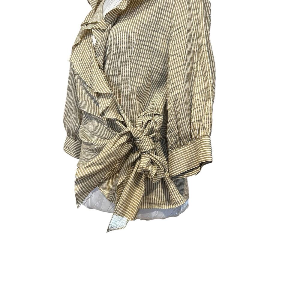 Vintage 90s Metallic Gold Stripe Wrap Blouse Ruffle Collar Bishop Sleeve Size 4 - Picture 14 of 14